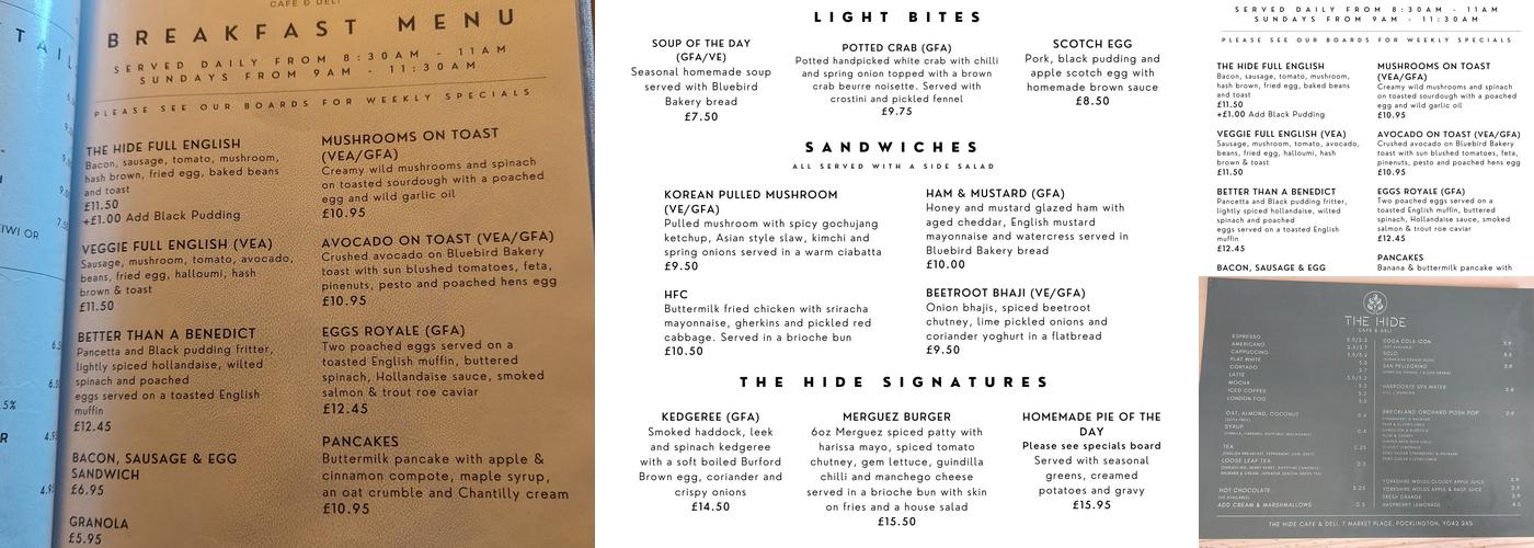 The Hide Cafe & Deli Menu