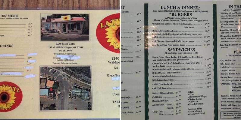 Lazy Dayz Cafe Menu