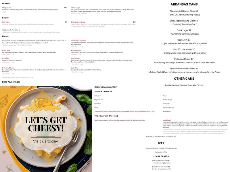 Grateful Head Pizza Oven and Beer Garden Menu