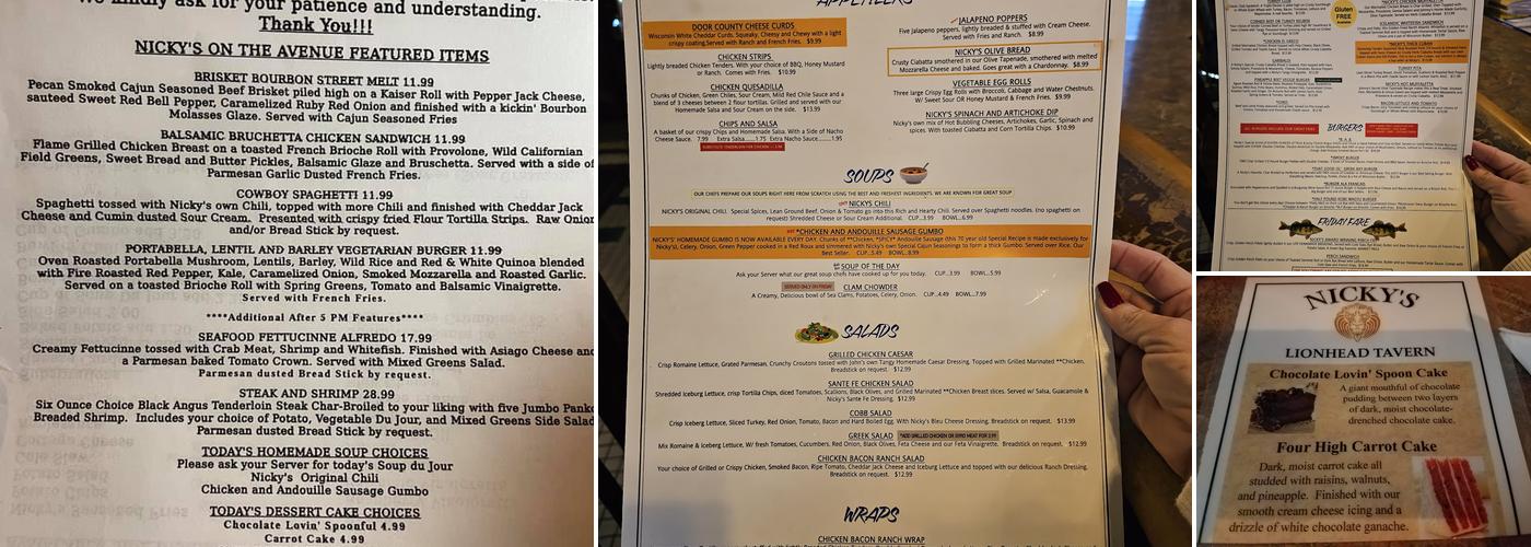 Nicky's Lionhead Restaurant Menu