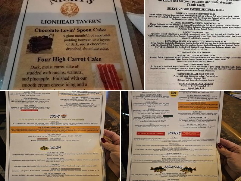 Nicky's Lionhead Restaurant Menu
