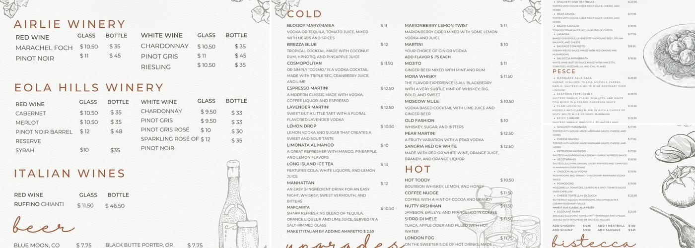 Mangiare Italian Restaurant Menu