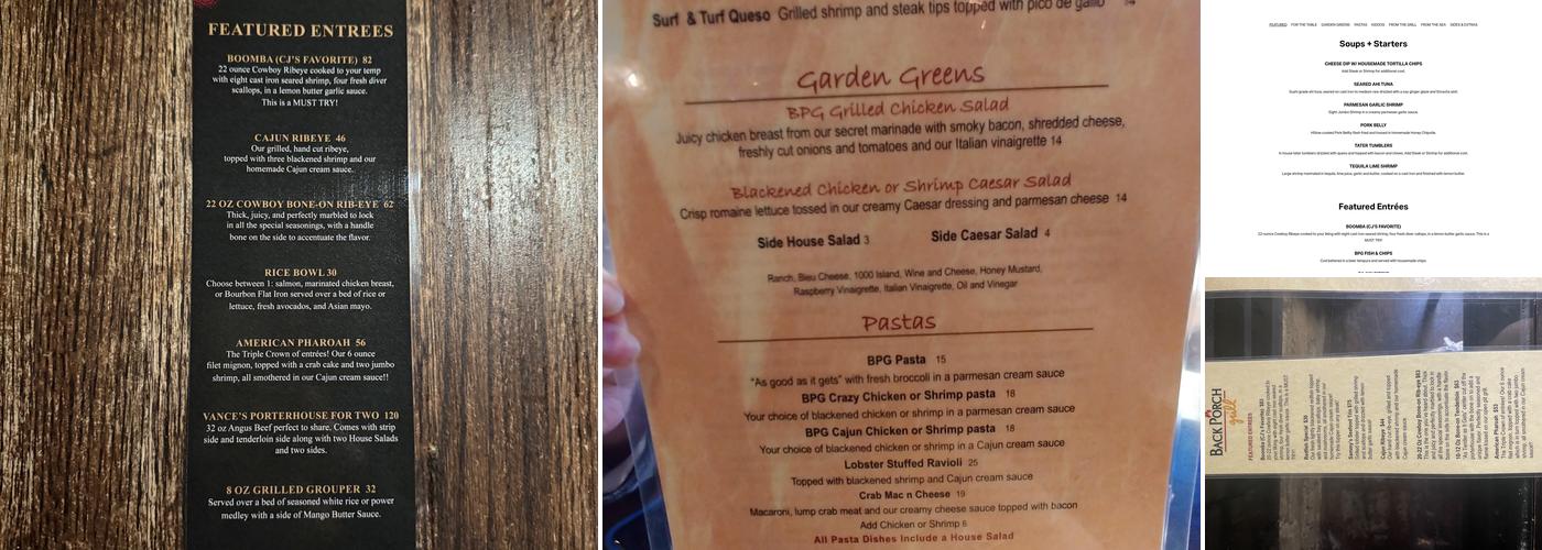 Back Porch Grill Menu