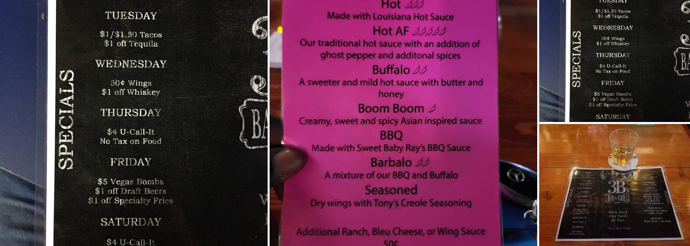 3B's Bar and Grill Menu