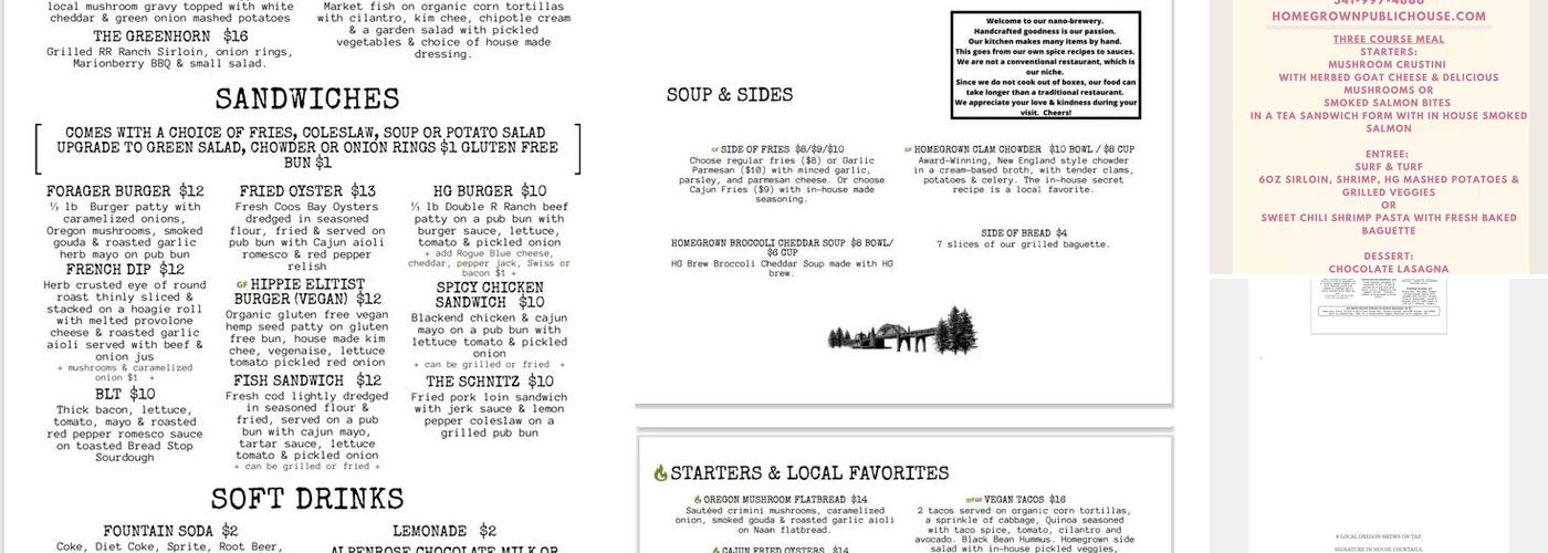 Homegrown Public House & Brewery Menu