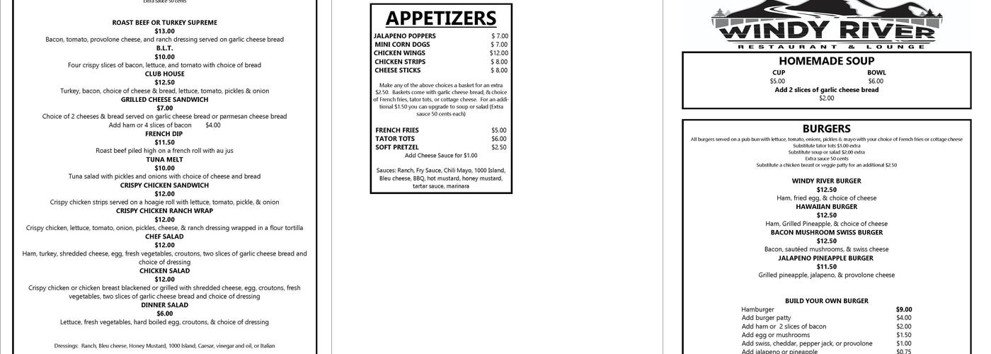 Windy River Restaurant Menu