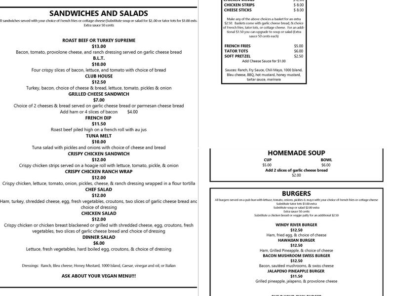 Windy River Restaurant Menu