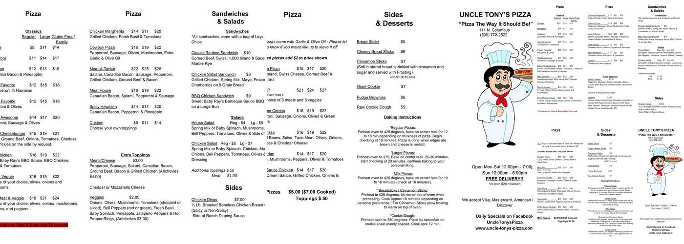 Uncle Tonys Pizza Menu