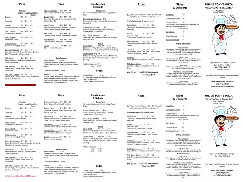Uncle Tonys Pizza Menu