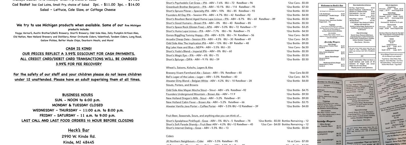 Heck's Bar Menu