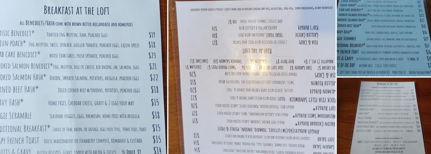 The Loft Restaurant and Bar Menu