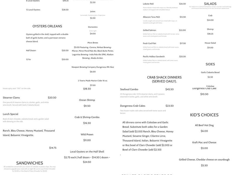 Tony's Crab Shack Menu