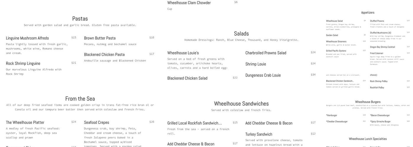 The Wheelhouse & Crowsnest Menu