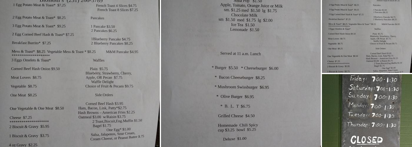 Blossom's Restaurant Menu