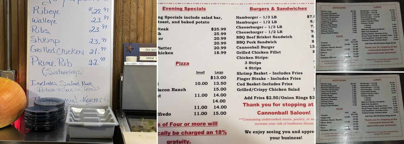 Cannonball Saloon Menu