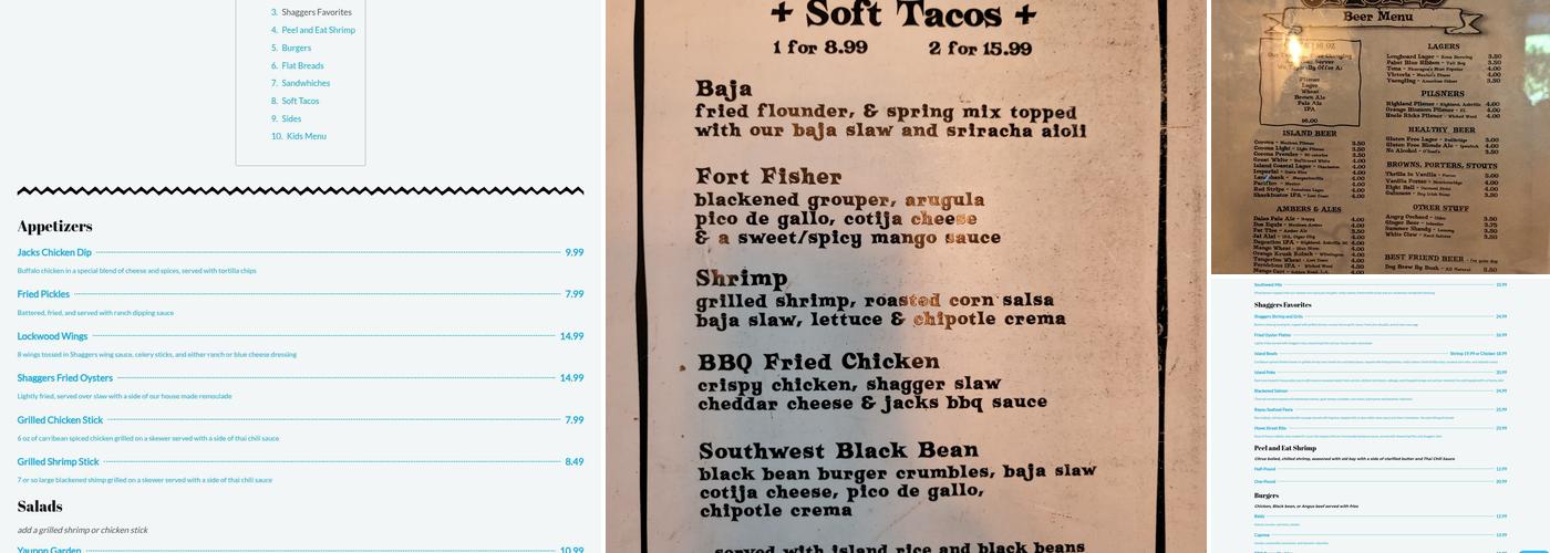 Shagger Jacks Menu