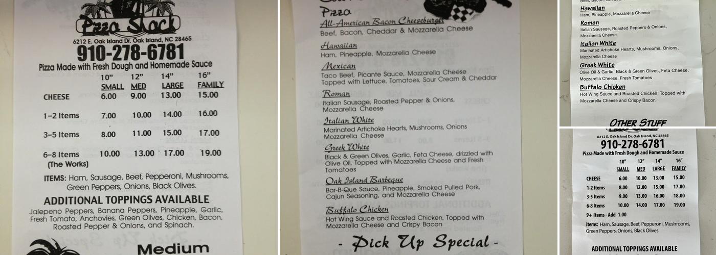 Pizza Shack Menu