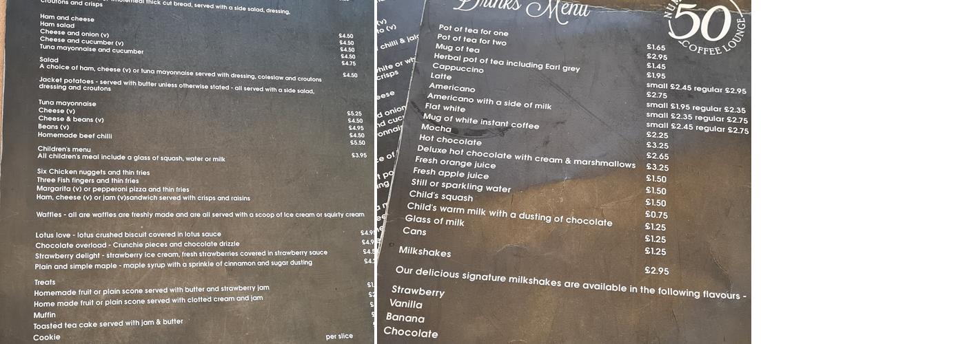 Number 50 Coffee Lounge Menu