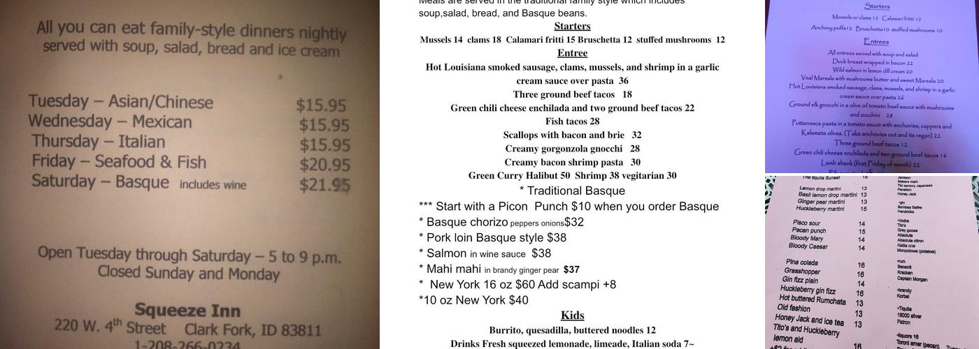 Squeeze inn Menu