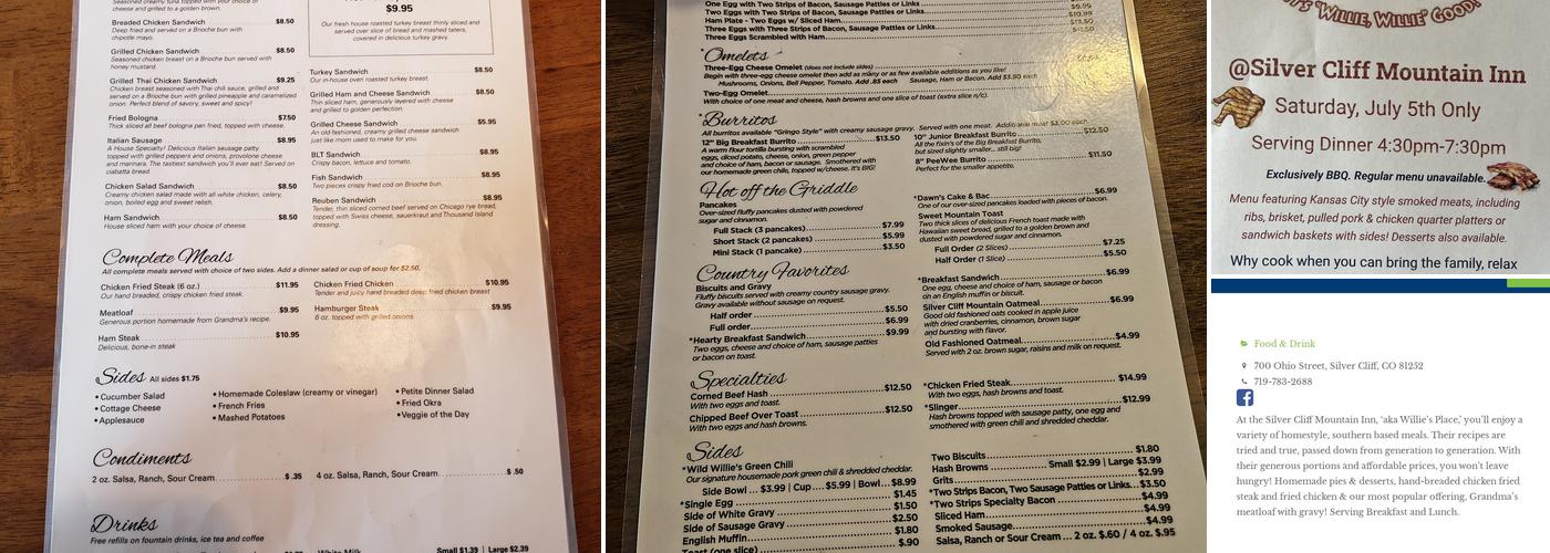Silver Cliff Mountain Inn Menu