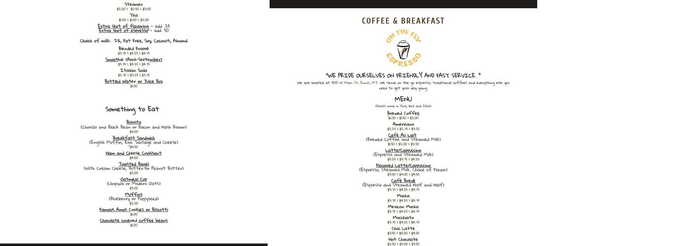 On the Fly Espresso Menu