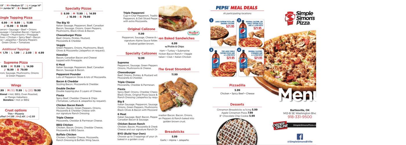Simple Simon's Pizza Menu