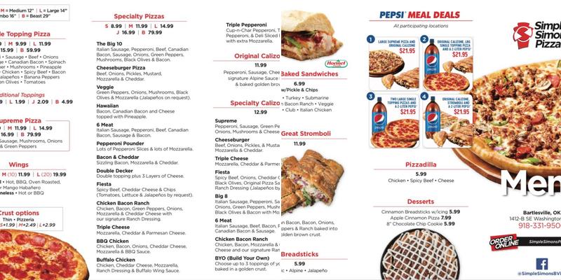 Simple Simon's Pizza Menu