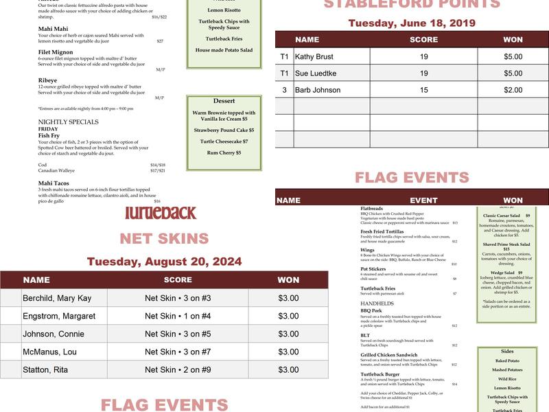Turtle Back Golf Dining Menu