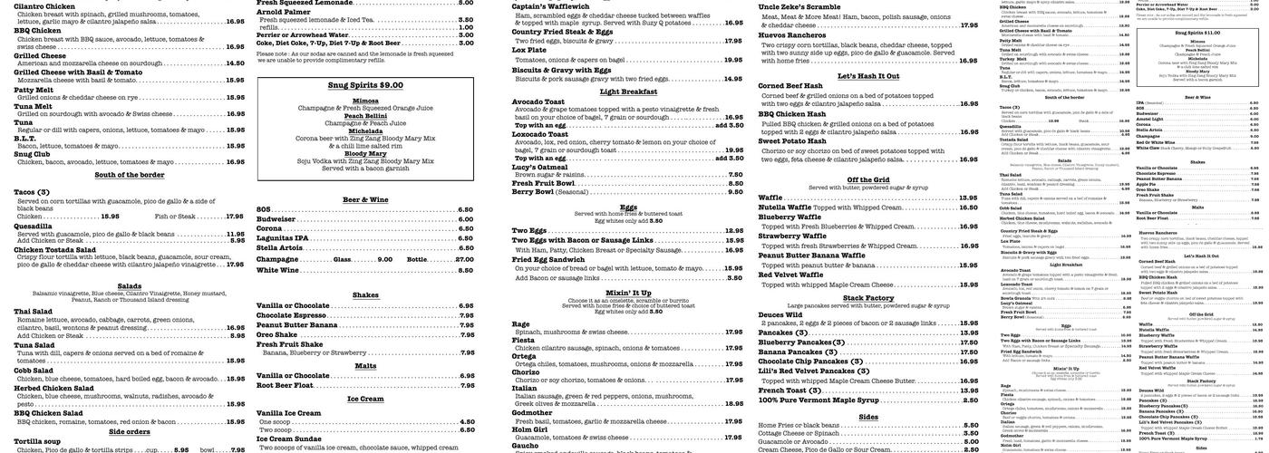Snug Harbor Menu