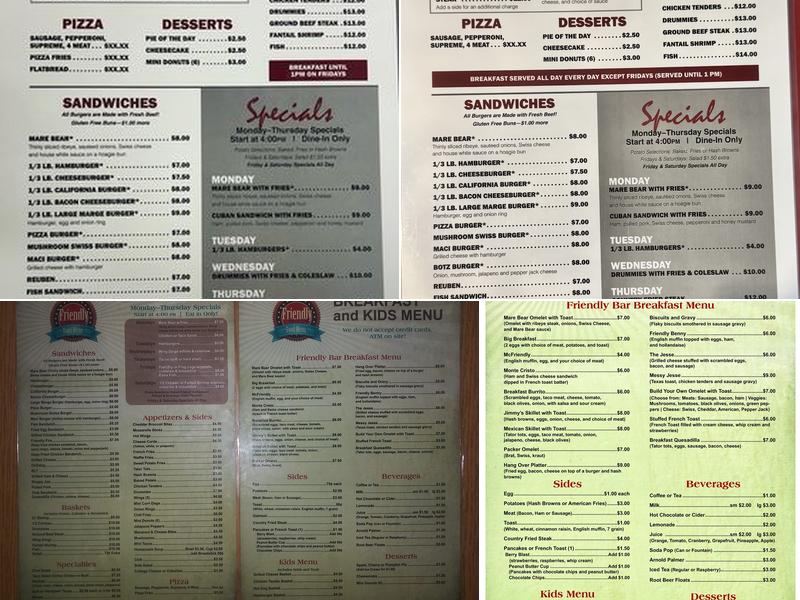 Friendly Bar Inc Menu