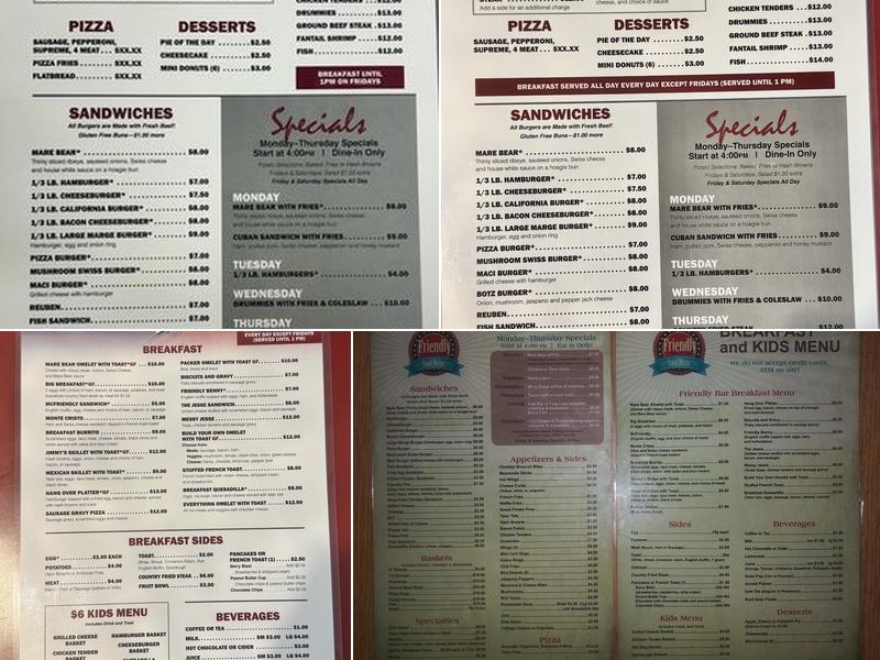 Friendly Bar Inc Menu