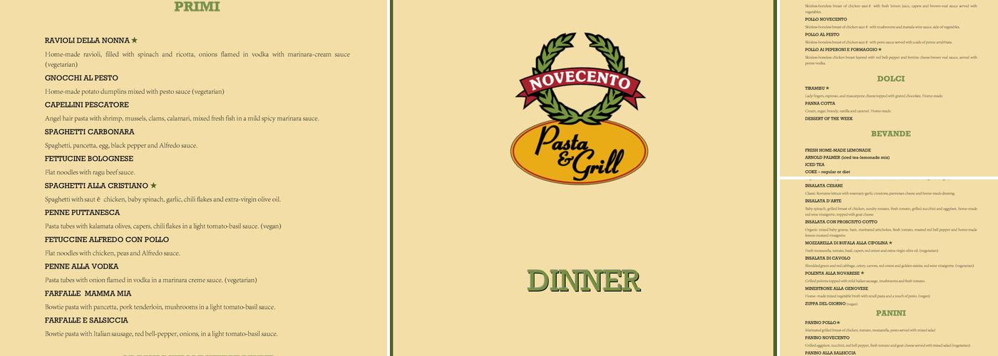 Novecento Pasta & Grill Menu
