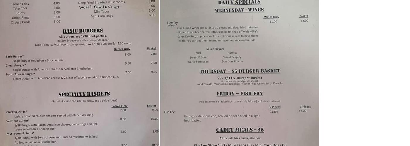 Drop Zone Bar and Grill Menu