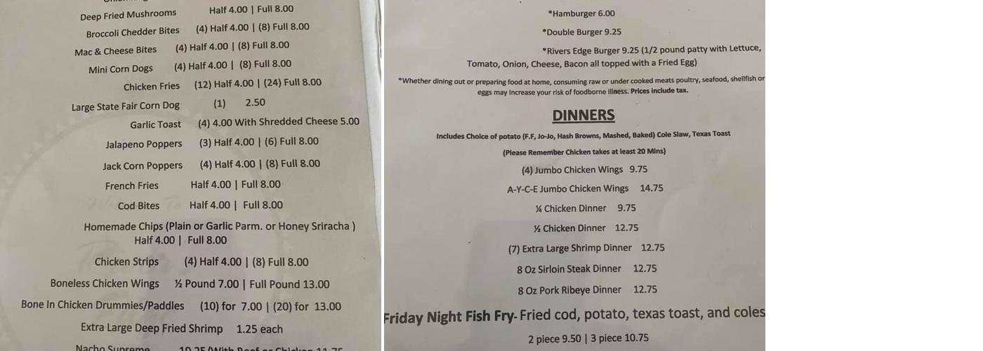 Rivers Edge Bar & Grill Menu