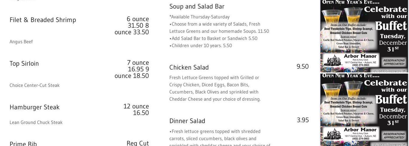 Arbor Manor Steakhouse and Motel Menu