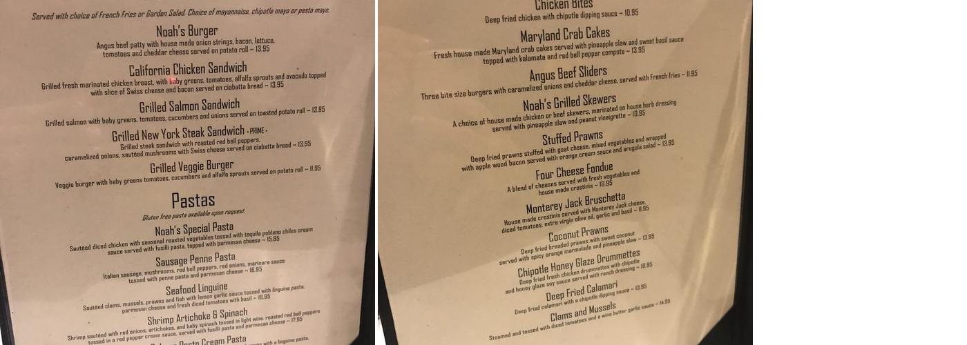 Noah's Bar & Bistro Menu
