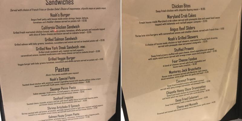 Noah's Bar & Bistro Menu