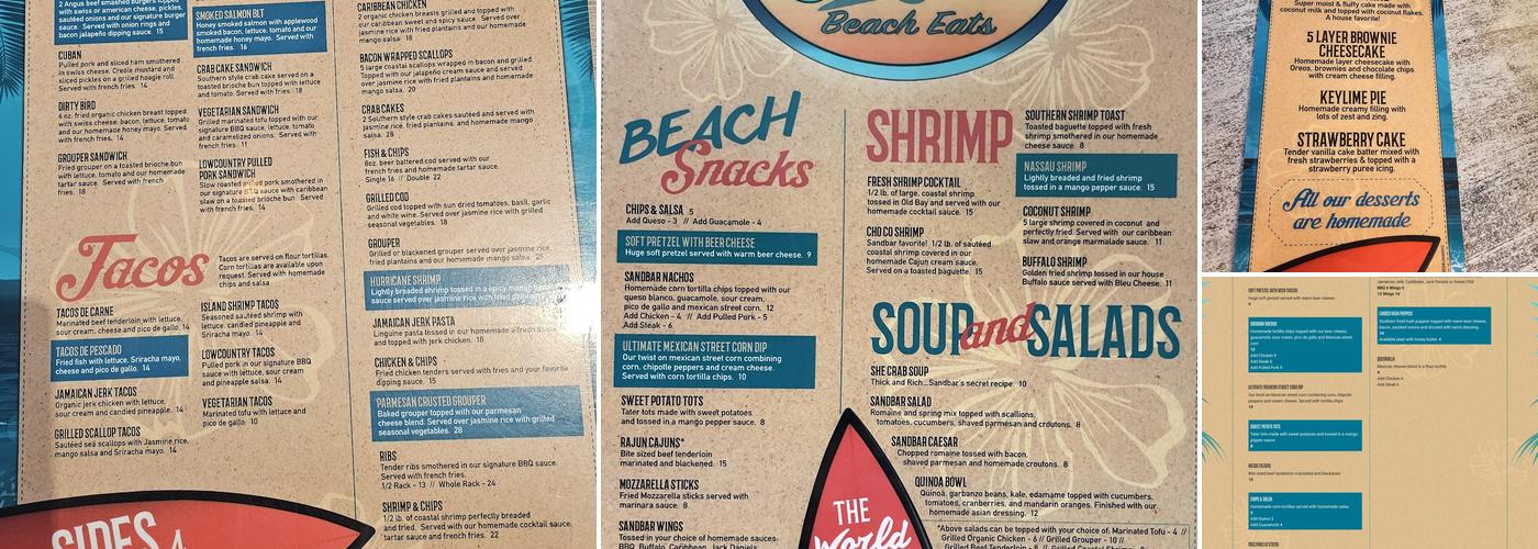 The Sandbar Menu