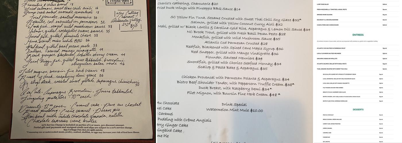 Charlie's L'etoile Verte Menu