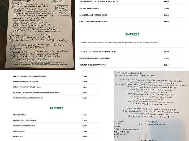 Charlie's L'etoile Verte Menu