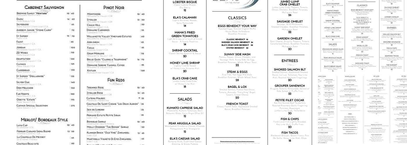 ELA'S On the Water Menu