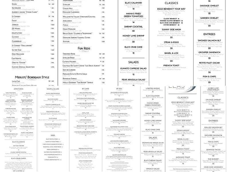 ELA'S On the Water Menu