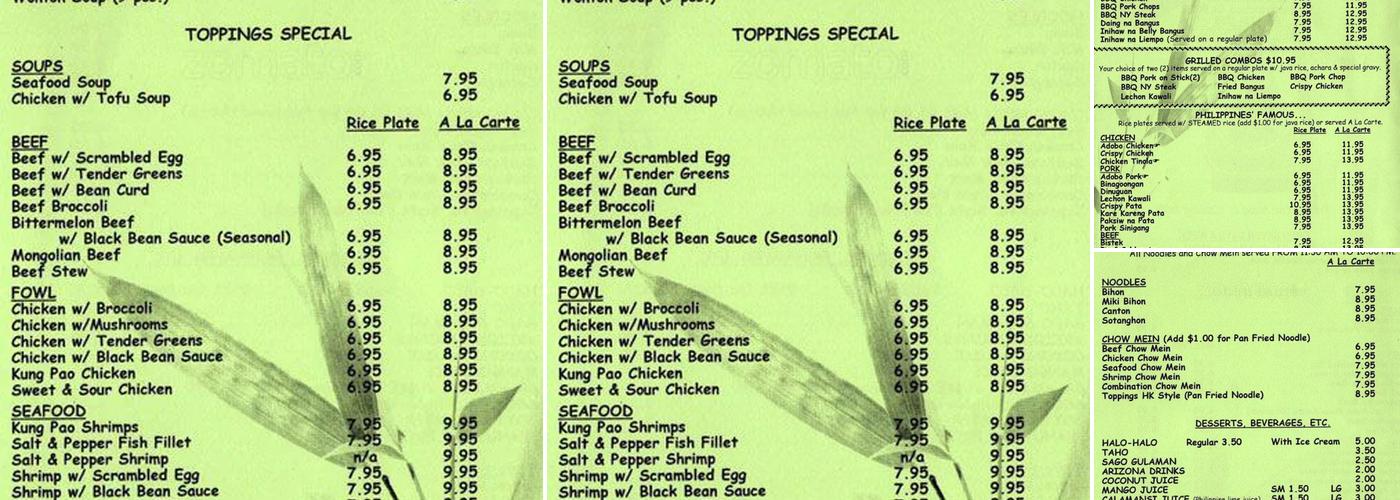 Toppings Restaurant Menu