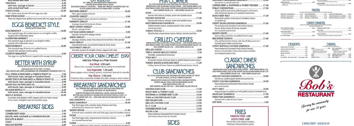 Bob's Restaurant Menu
