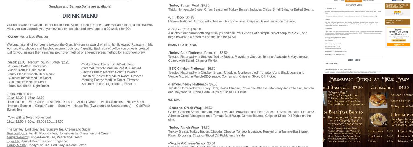 True Brew Menu