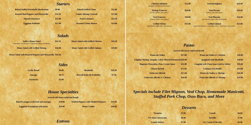 Stella's Menu