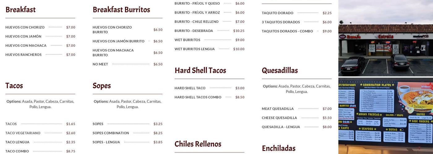 Tacos Estrella Menu