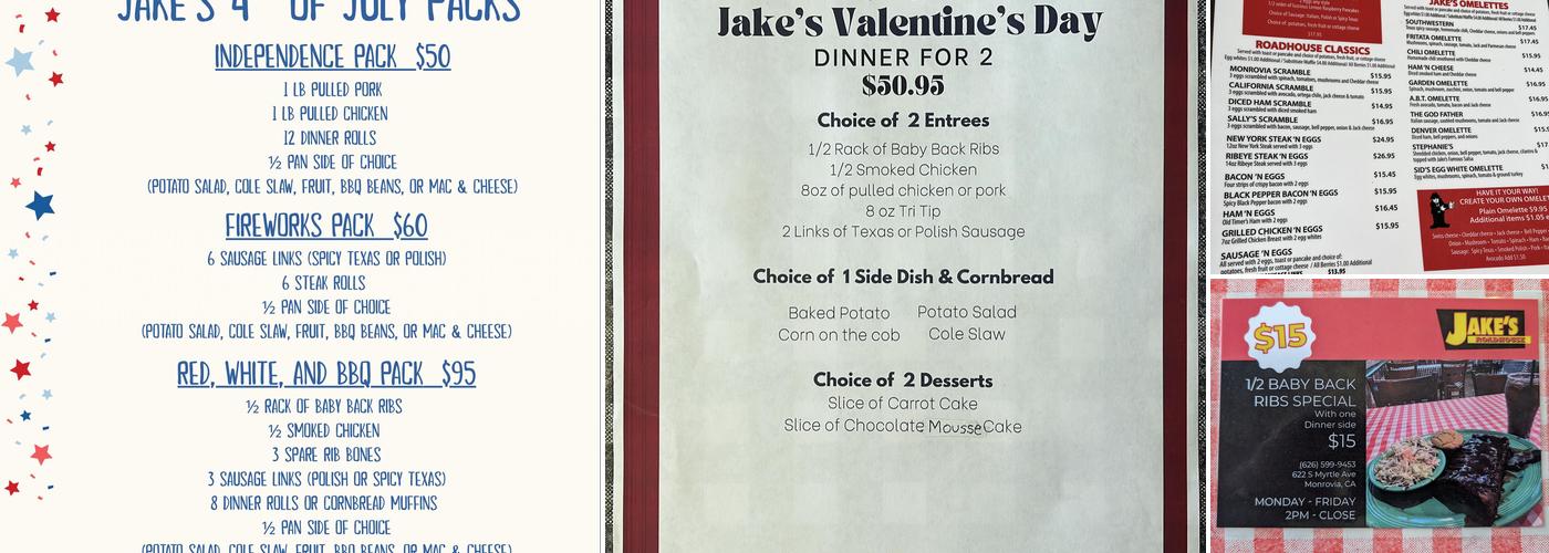 Jake's Roadhouse Menu