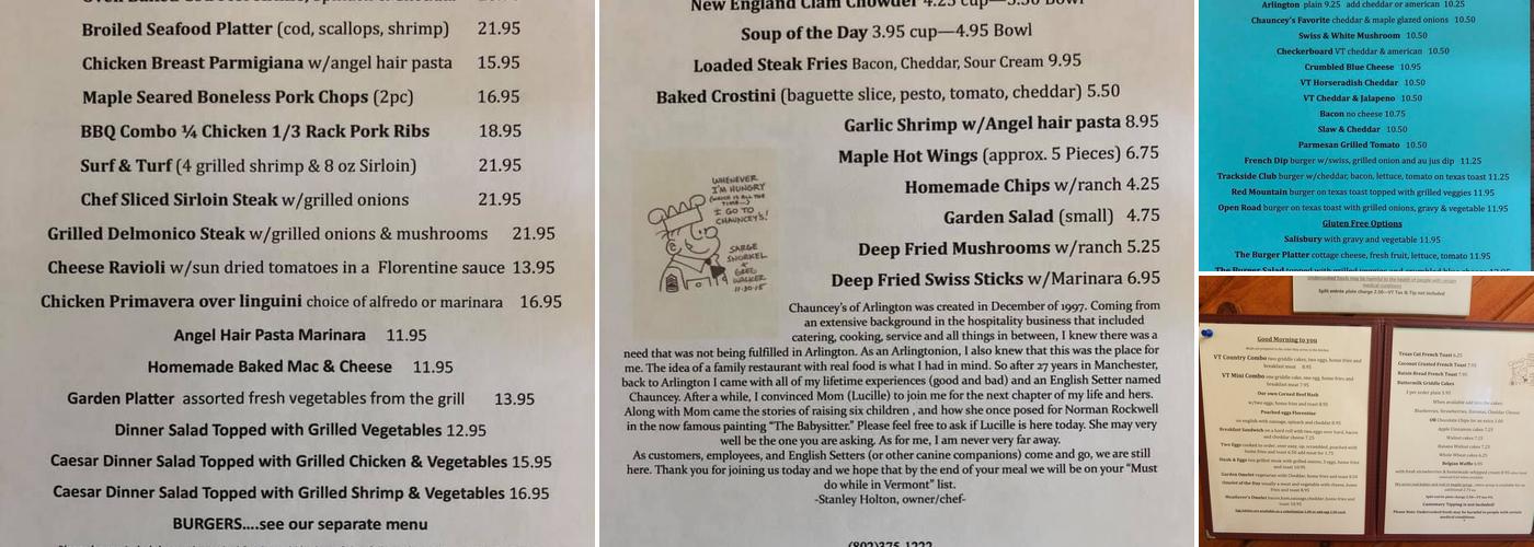 Chauncey's Family Dining Menu