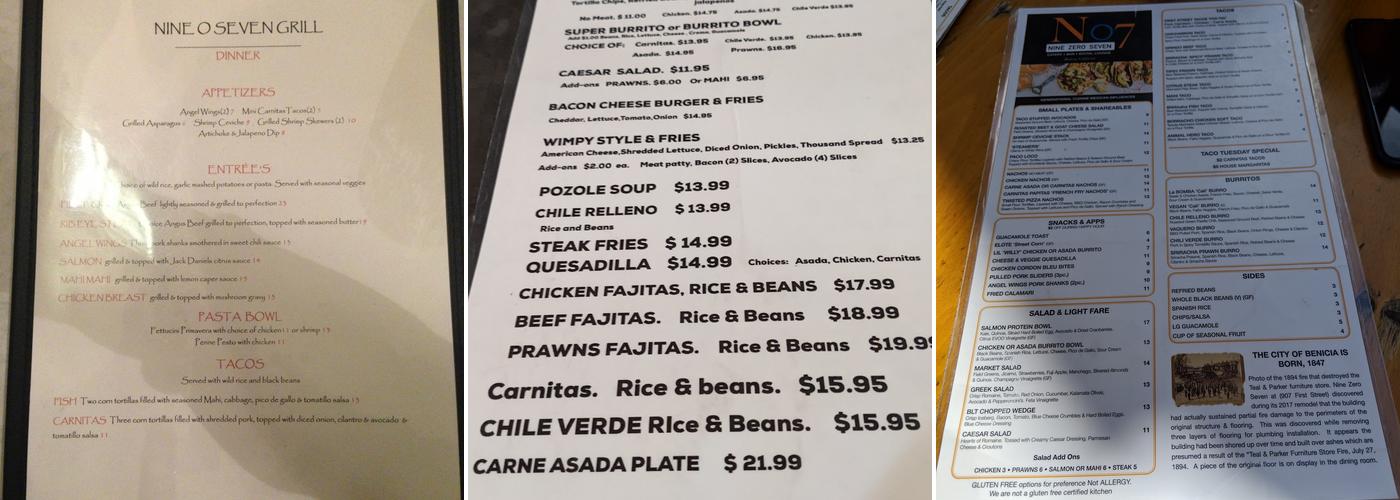 Nine Zero Seven Menu